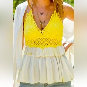 La Miel women Cross Strap Smocked Back Crochet Lace Ruffle Peplum Cami Top L